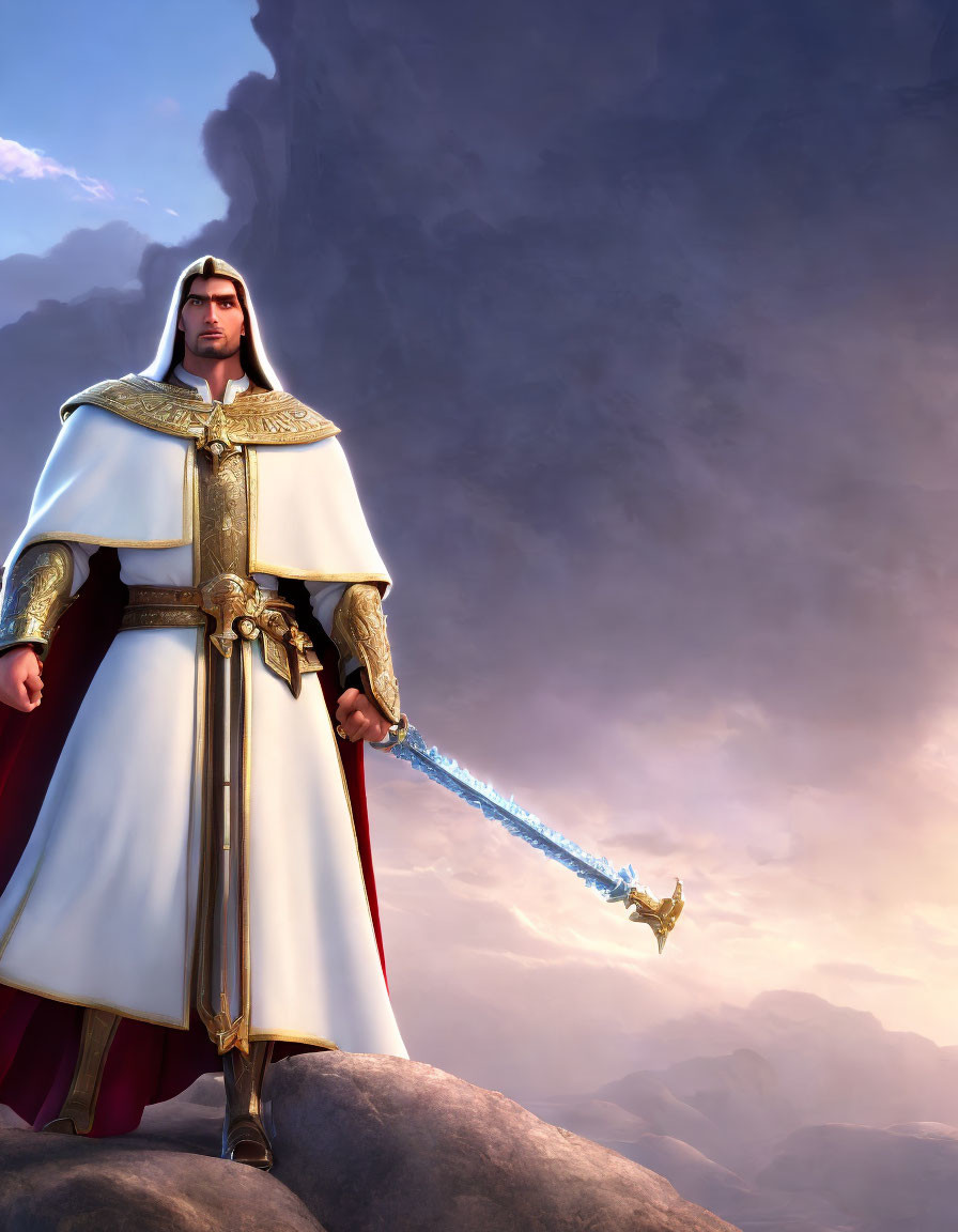 Knight in white cloak with golden trim holding glowing blue sword