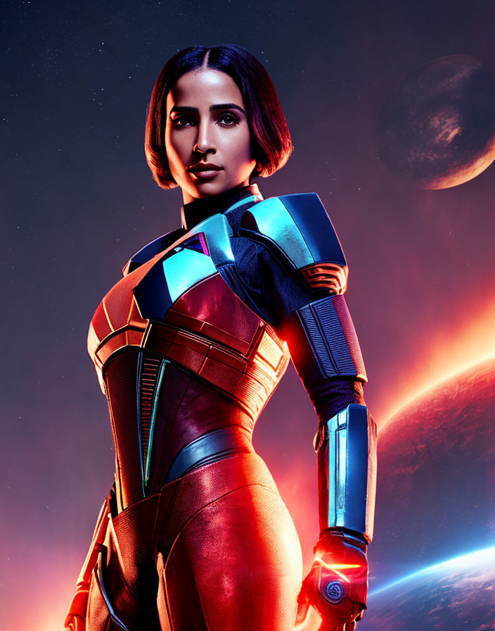 Futuristic space suit woman in cosmic setting with moon and red nebula