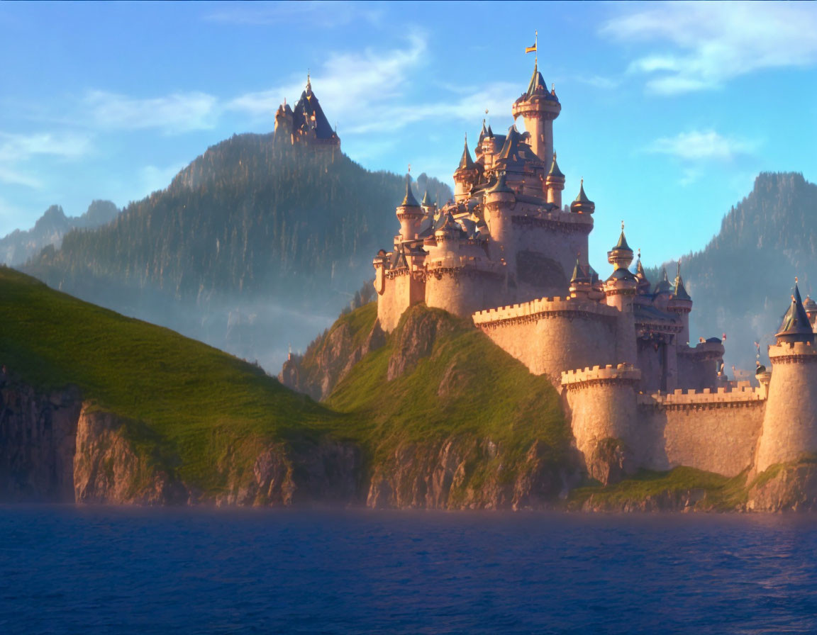 Grand castle with spires and turrets on cliff by serene lake at sunrise