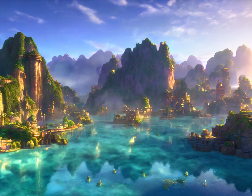 Fantasy landscape with blue waters, mountains, floating islands, and lush greenery at sunrise