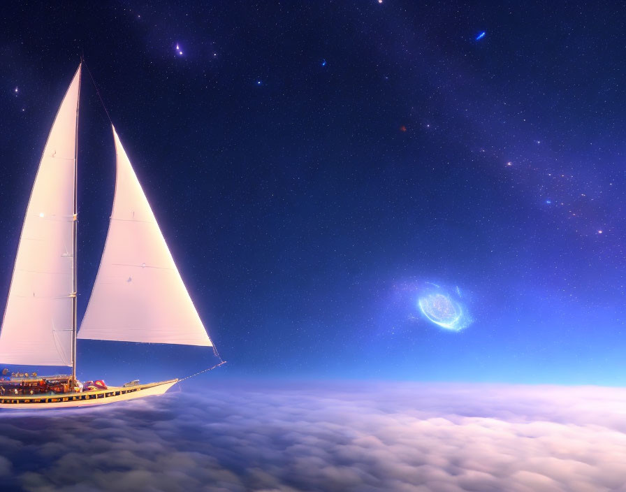 Sailboat in surreal sky with galaxy view