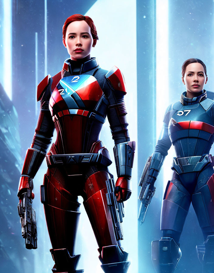 Futuristic armor suits women with numbers holding guns in blue light