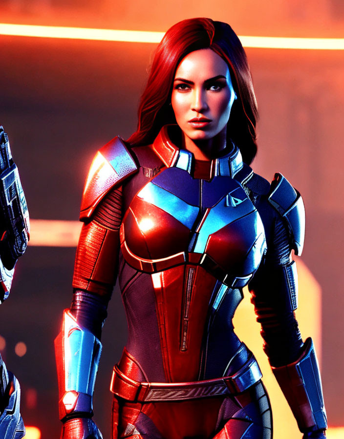 Futuristic digital illustration of woman in red and blue armor suit