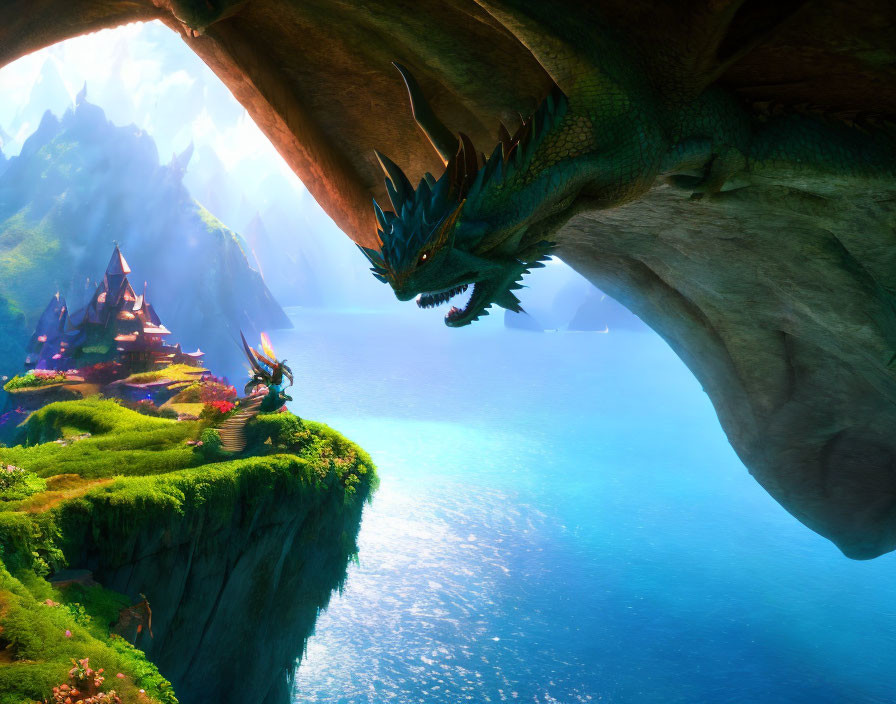 Dragon overlooking mystical landscape with vibrant foliage and river