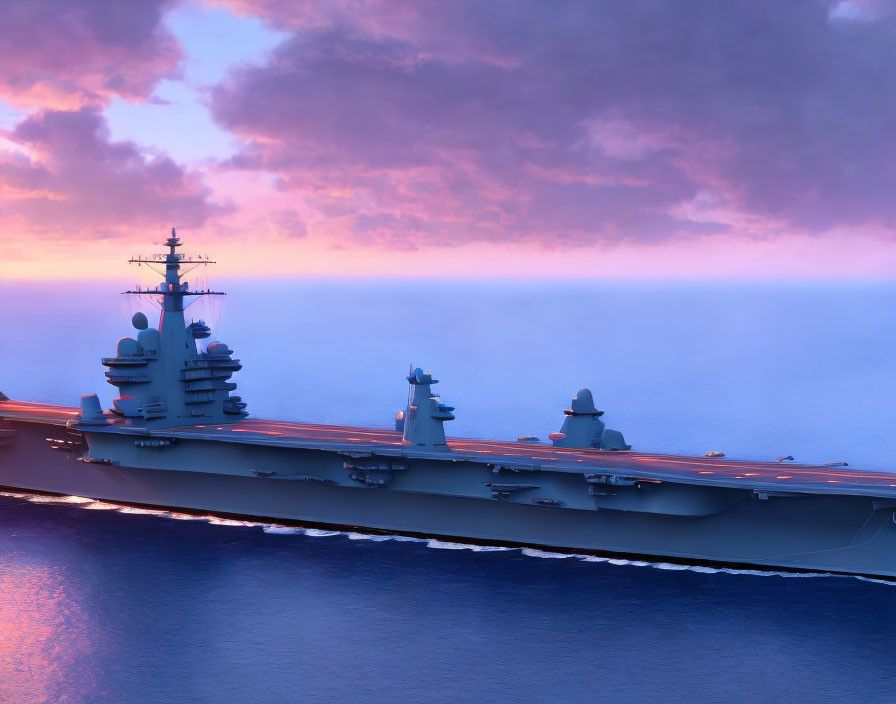 Military aircraft carrier at sunset with purple and orange sky reflected on ocean