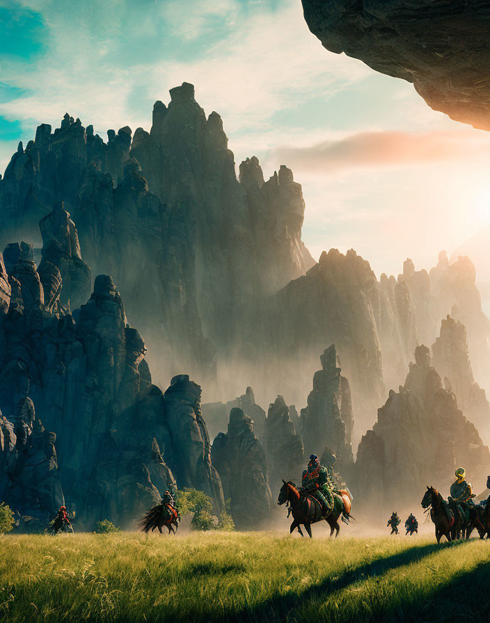 Majestic rock formations with travelers on horseback in lush landscape