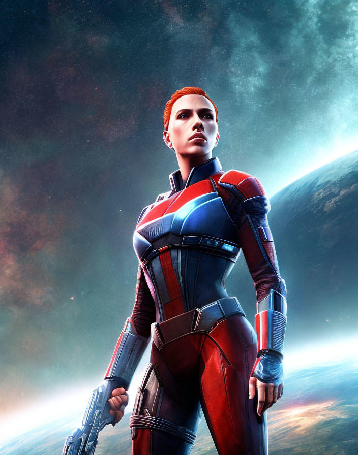 Futuristic female character in space suit against cosmic backdrop