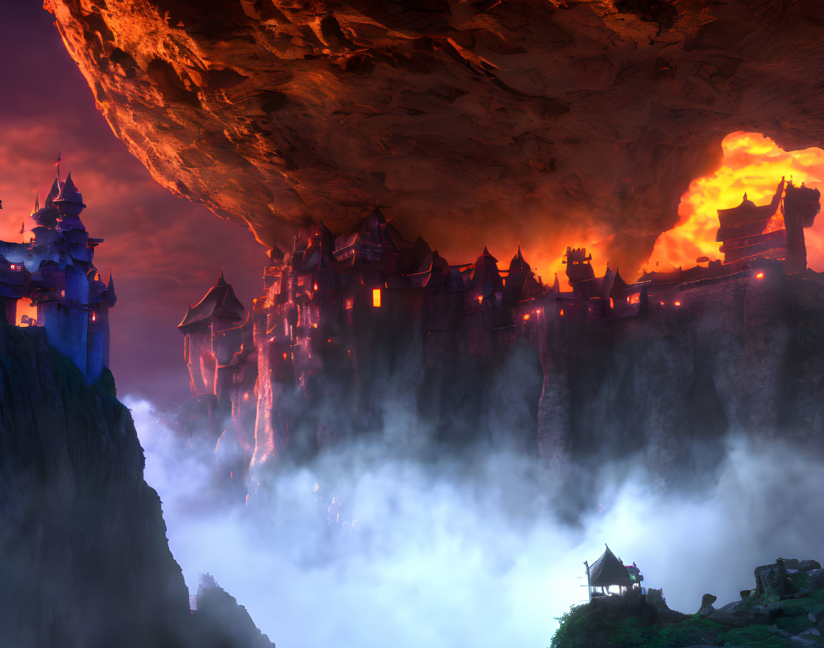 Cliffside kingdom with ethereal glow and mist against fiery orange clouds