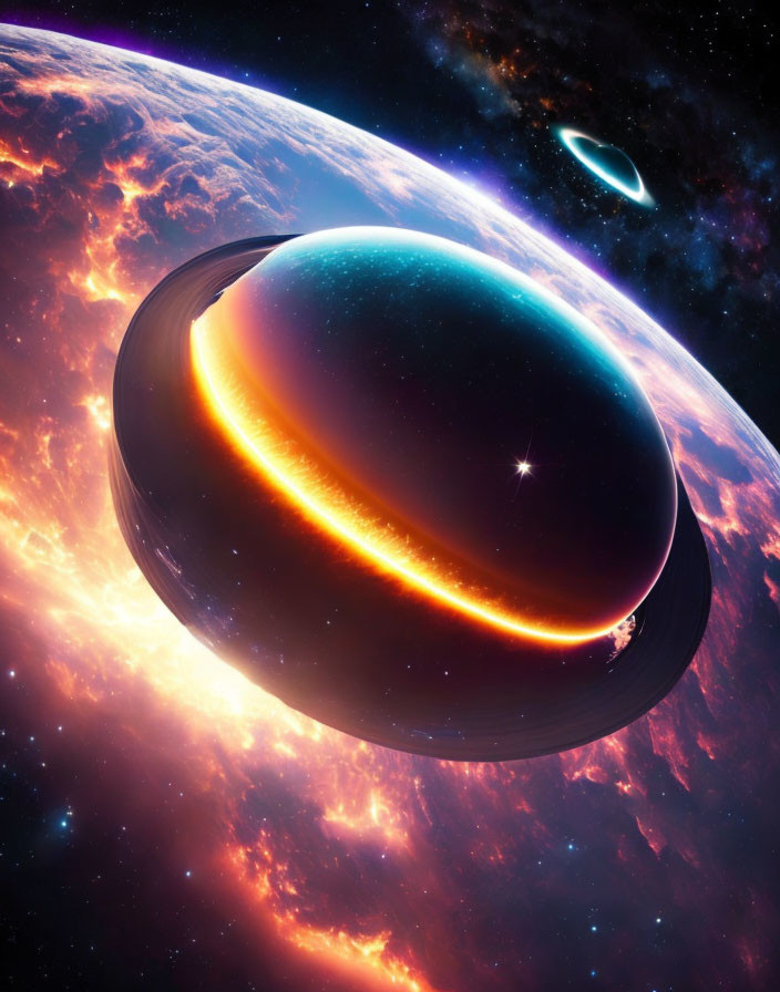 Colorful sci-fi scene: giant glowing ringed planet in starry space.