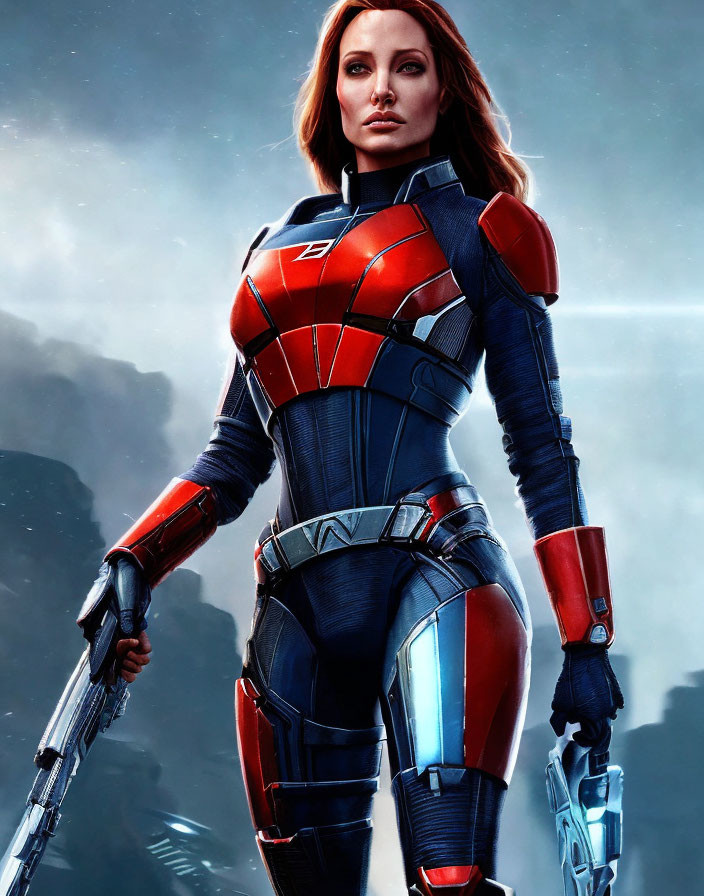 Detailed Blue and Red Futuristic Suit of Armor Against Misty Mountainous Backdrop