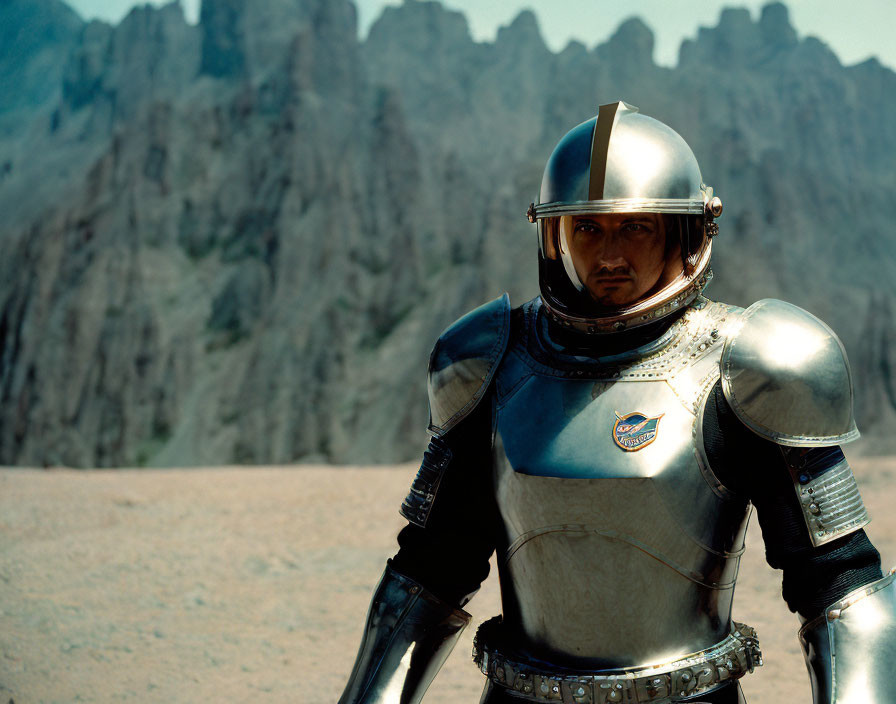 Futuristic spacesuit figure against jagged mountains