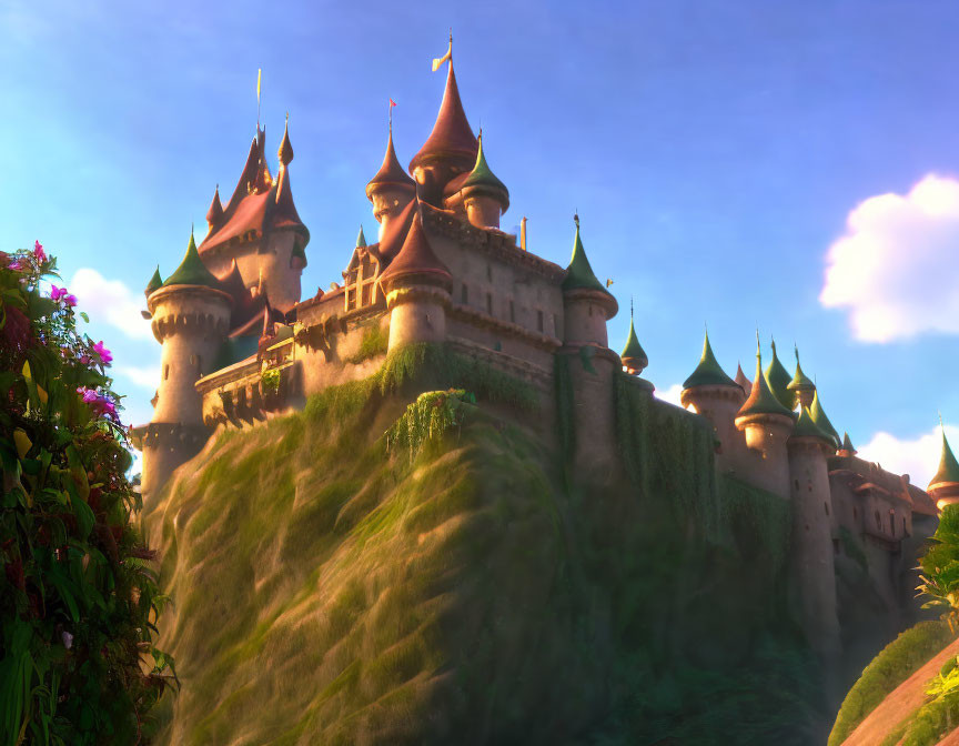 Majestic castle with spires on green hill under sunlight