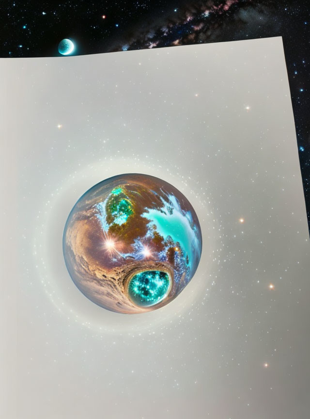 Spherical world with continents and oceans in starry space