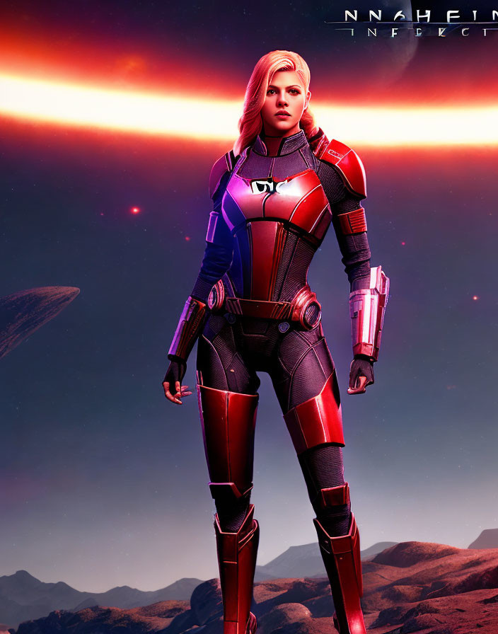 Female astronaut in red and purple spacesuit on alien planet with sunset and spaceships