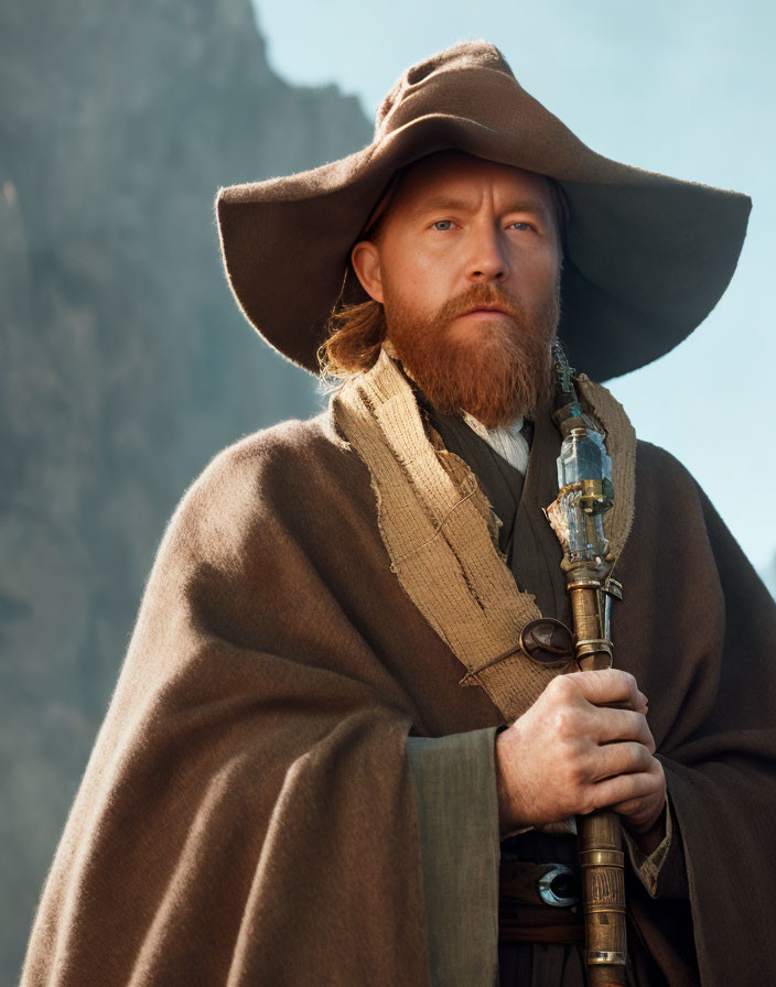 Bearded man in wide-brimmed hat and cloak holding staff in rocky background