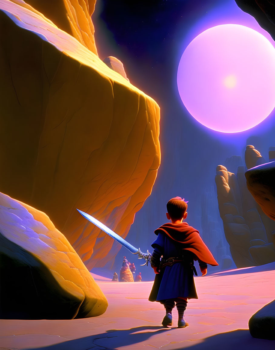 Character in Red Cloak with Sword Under Pink Moon in Canyon