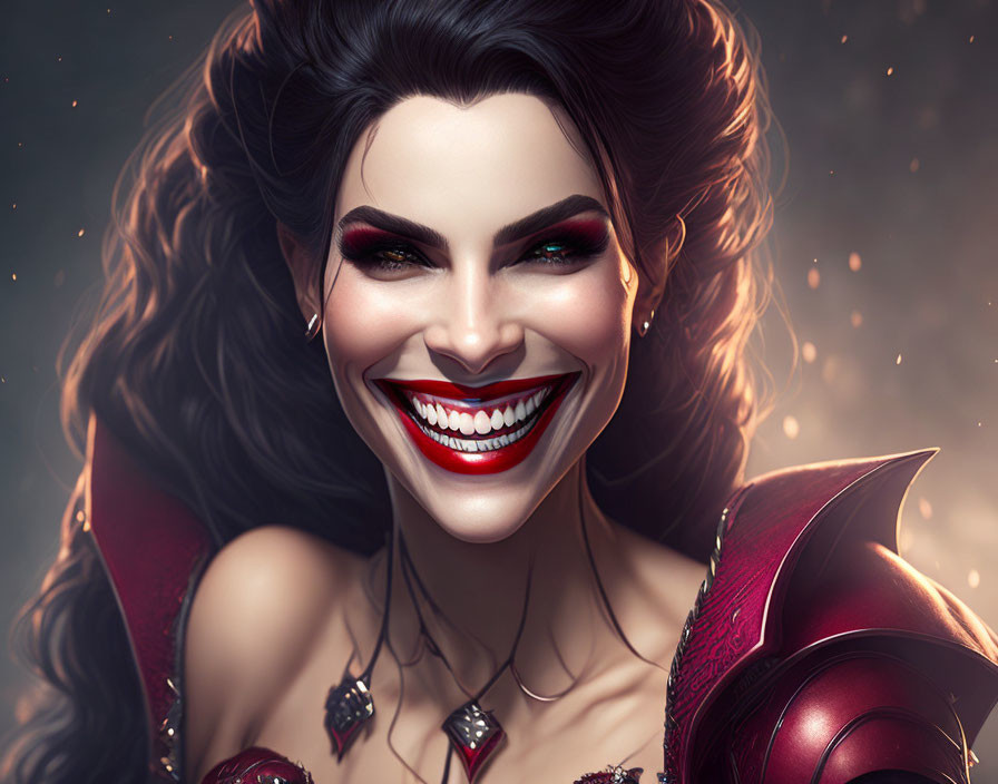 Dark-haired woman in ornate red armor with wide smile in mystical setting