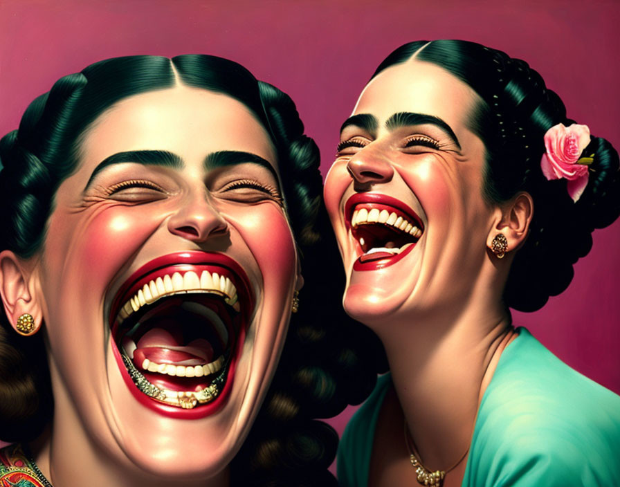 Exaggerated caricature images of woman laughing with open mouths