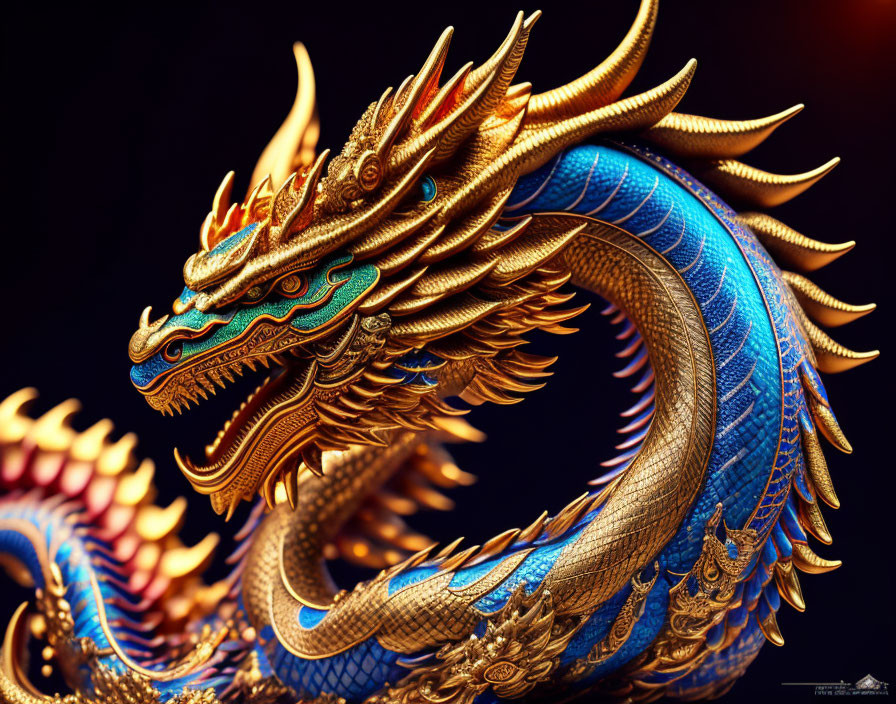 Detailed Blue and Gold Dragon Sculpture on Dark Background