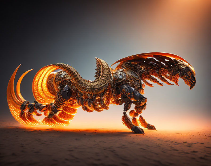 Metallic biomechanical creature with scorpion-like body and fiery circular patterns.