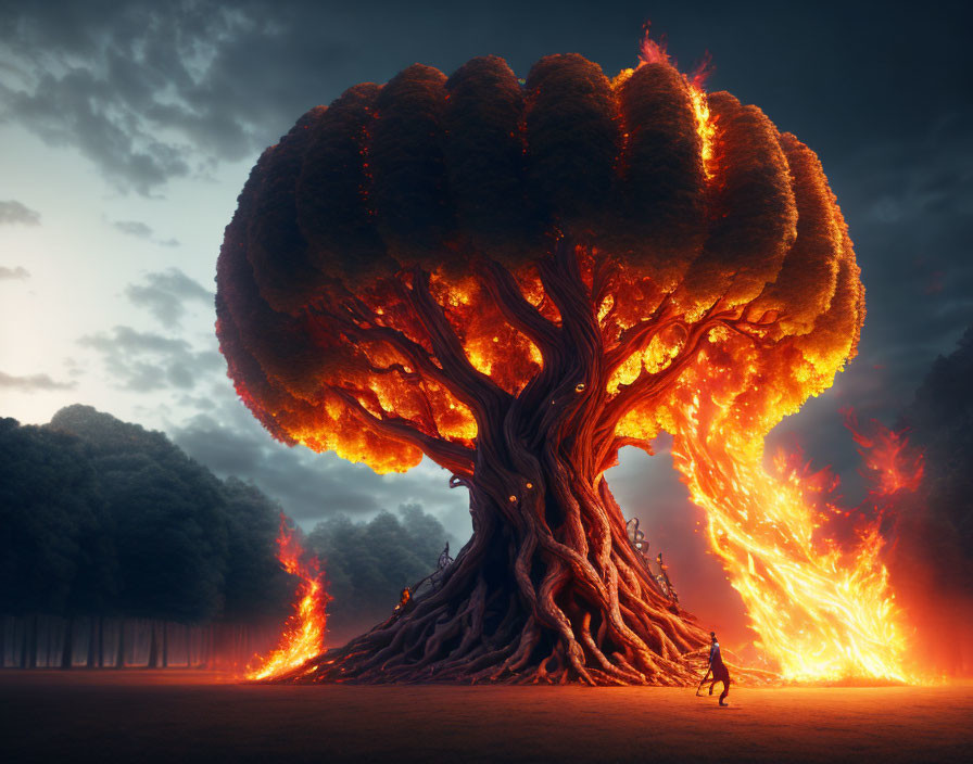 Person fleeing from massive fiery tree in dark forest at twilight