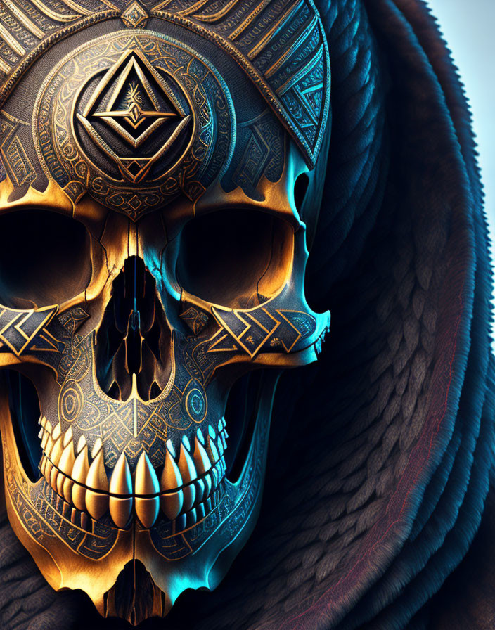 Golden tribal skull with glowing blue eyes on dark textured background