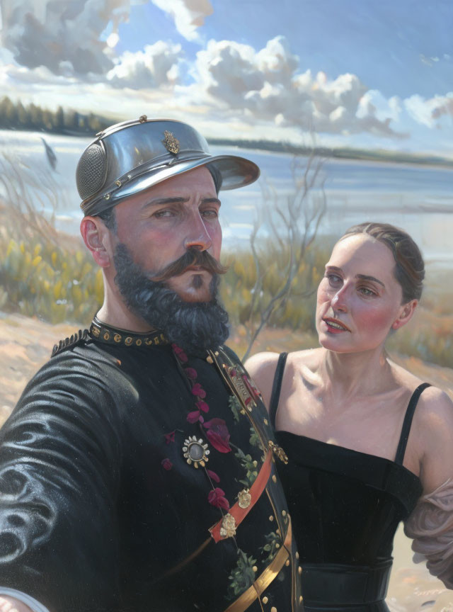 Bearded man in military uniform with woman in black dress by beach and sky