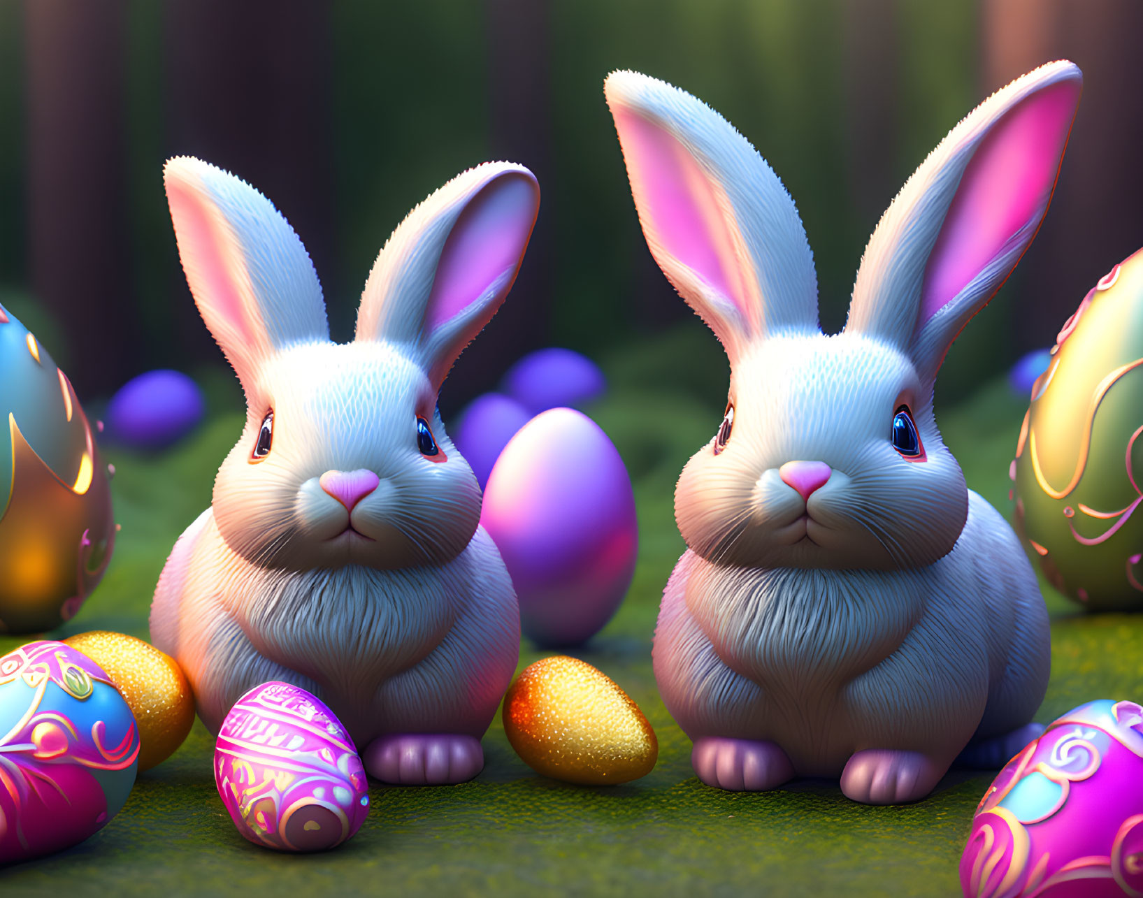 Colorful Easter Eggs with Animated Bunnies in Forest Setting