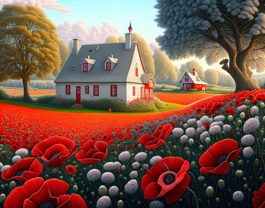 Vibrant red poppy field with countryside home