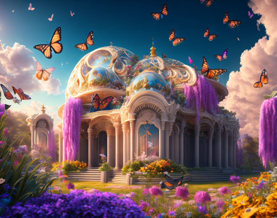 Ornate palace with domes, archways, lush gardens, vibrant flowers, and fluttering