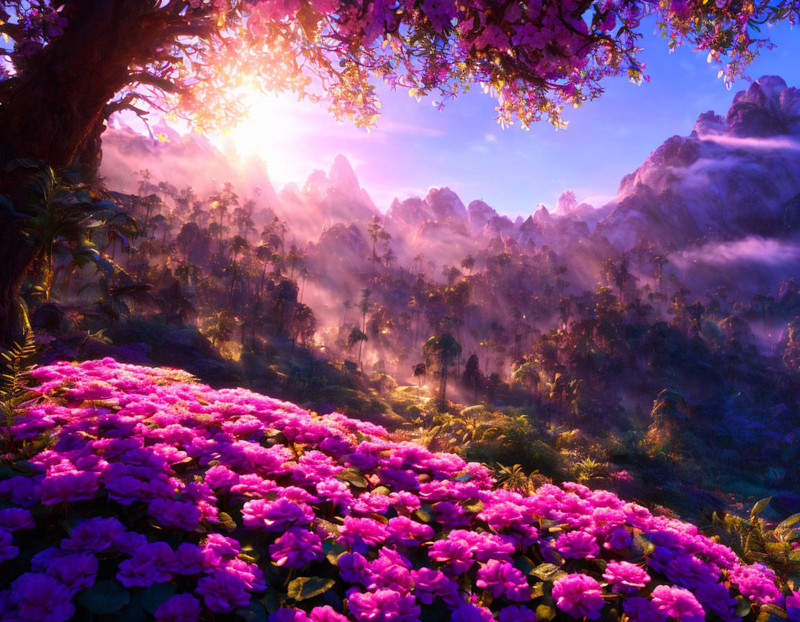 Scenic landscape with purple flowers, misty mountains, and warm sunrise