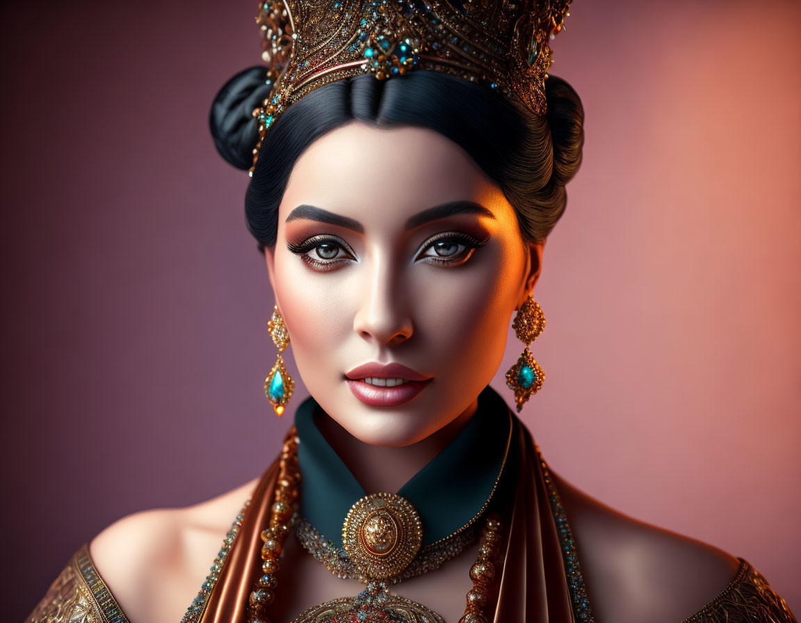 Regal woman portrait with styled hair, crown, and gold jewelry