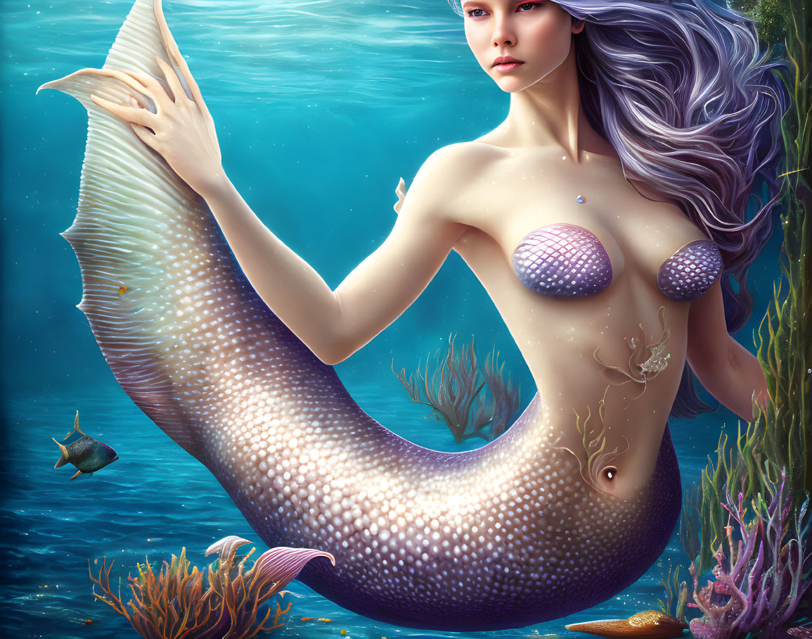 Mermaid with Pearl-Studded Tail and Purple Hair in Underwater Coral Scene