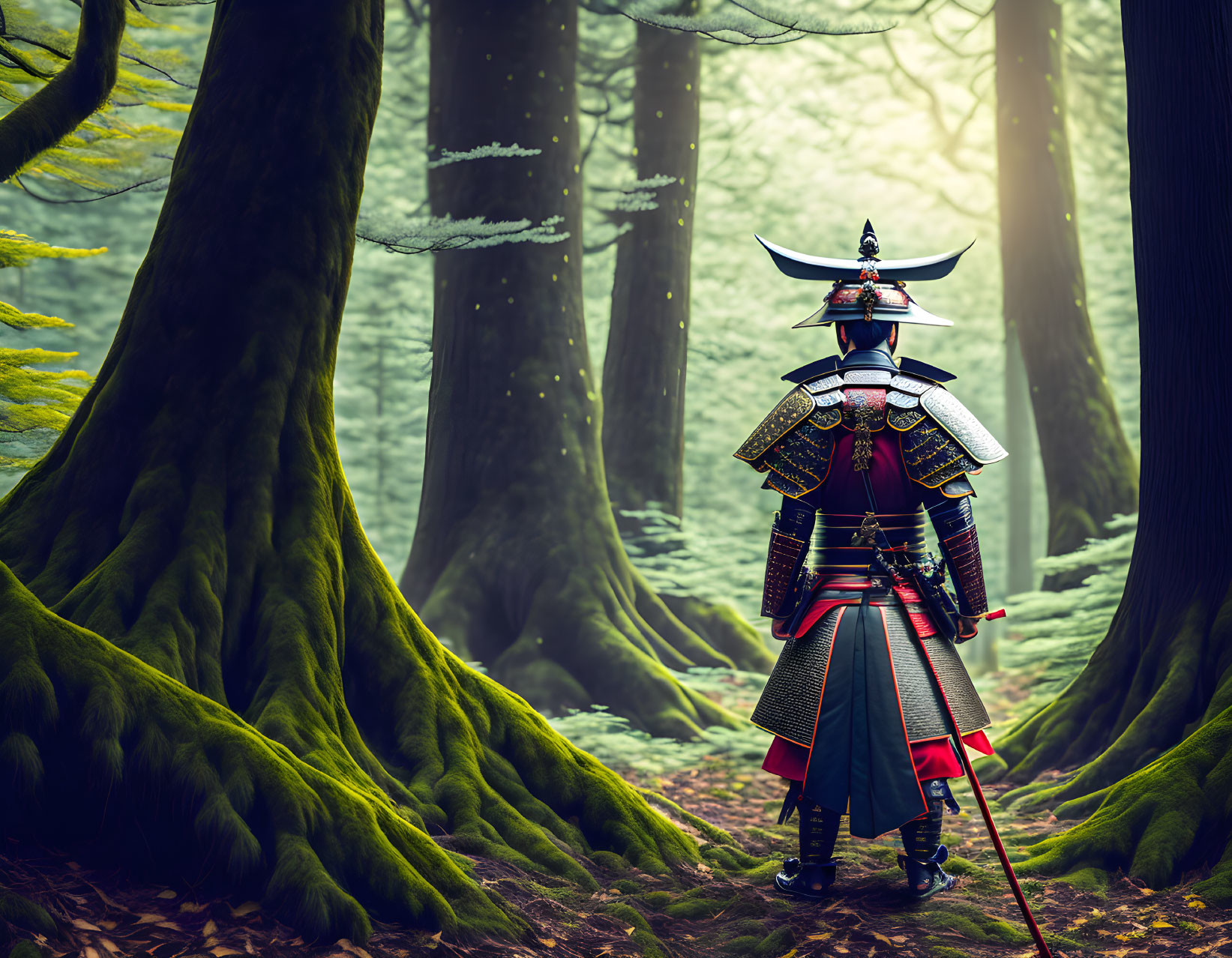 Traditional samurai armor in misty forest with sunlight and vibrant green moss