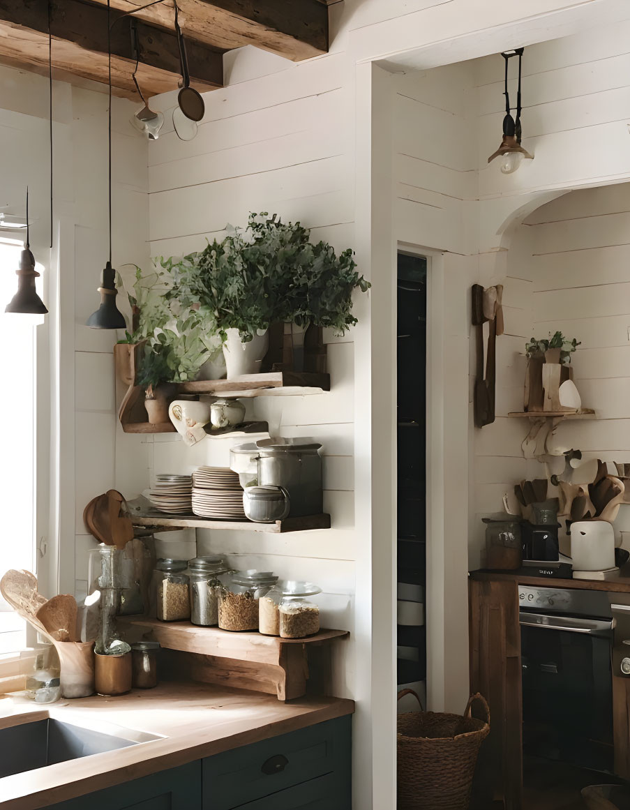 Cozy Kitchen Corner with Open Shelving and Hanging Plants