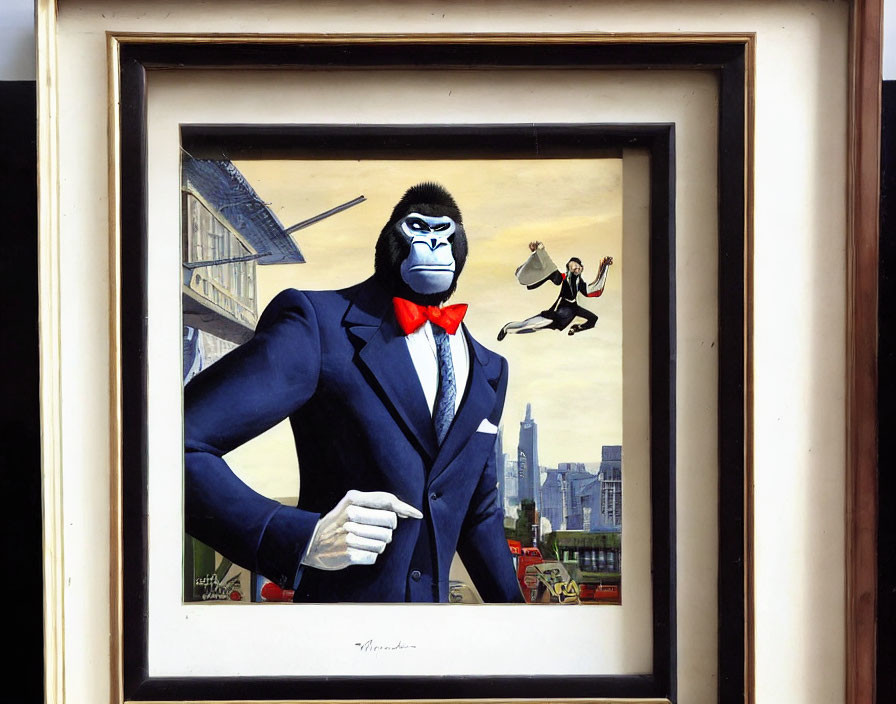 Gorilla in Suit with Cityscape Background and Fleeing Figures