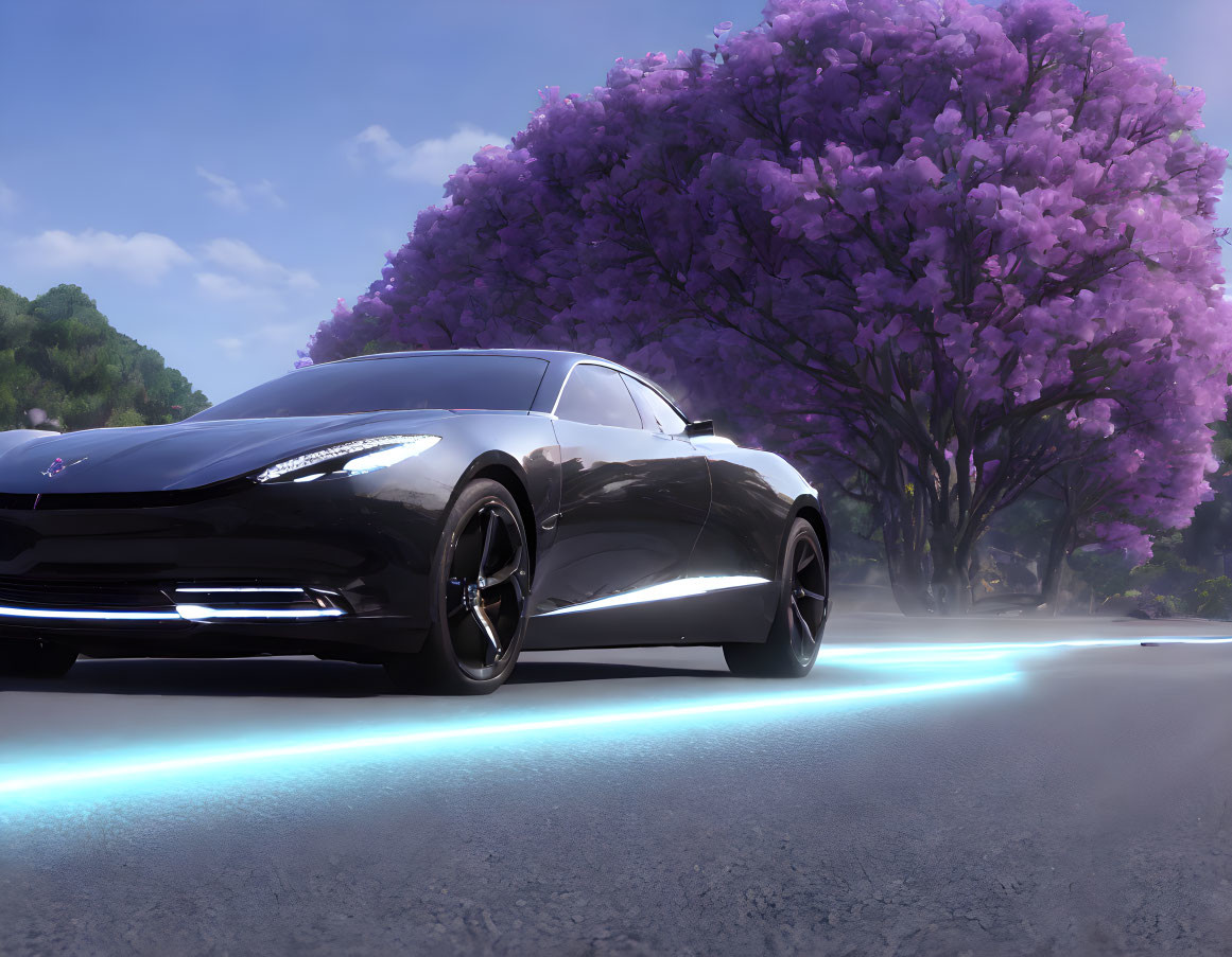 Black Sports Car with Blue Underglow Lights on Asphalt Road with Purple Trees - Scene Description