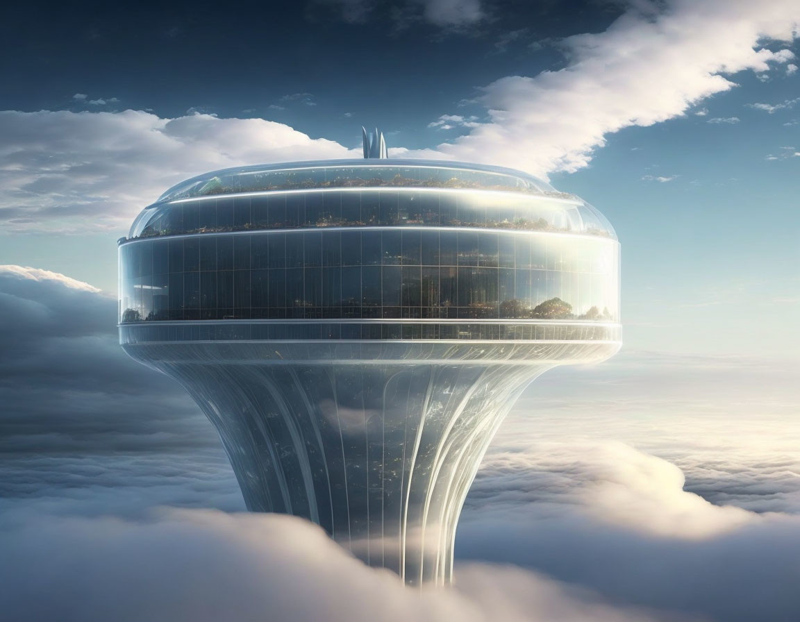 Futuristic mushroom-shaped skyscraper with transparent dome and greenery