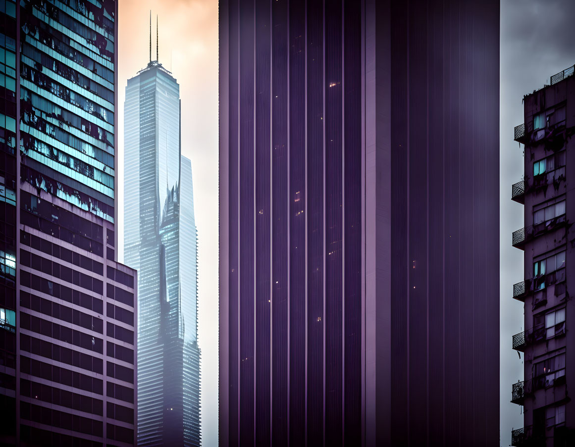 Modern skyscraper silhouette in cityscape at dusk with gradient sky.