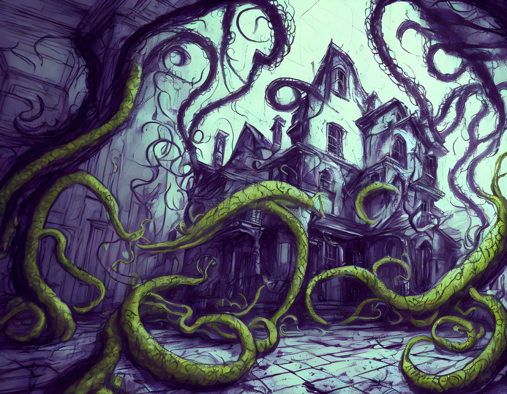 Eerie Haunted House with Tentacles under Stormy Sky