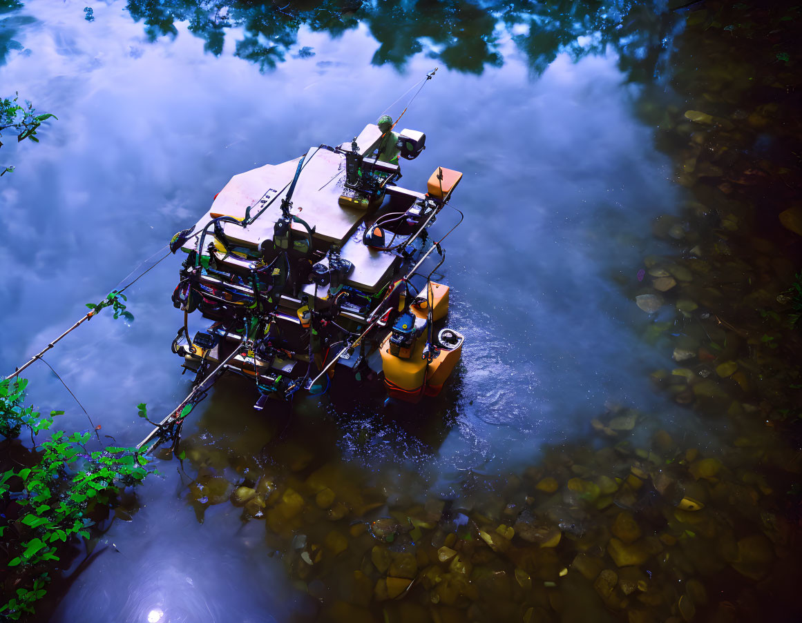 Improvised raft with equipment on serene river amid lush greenery