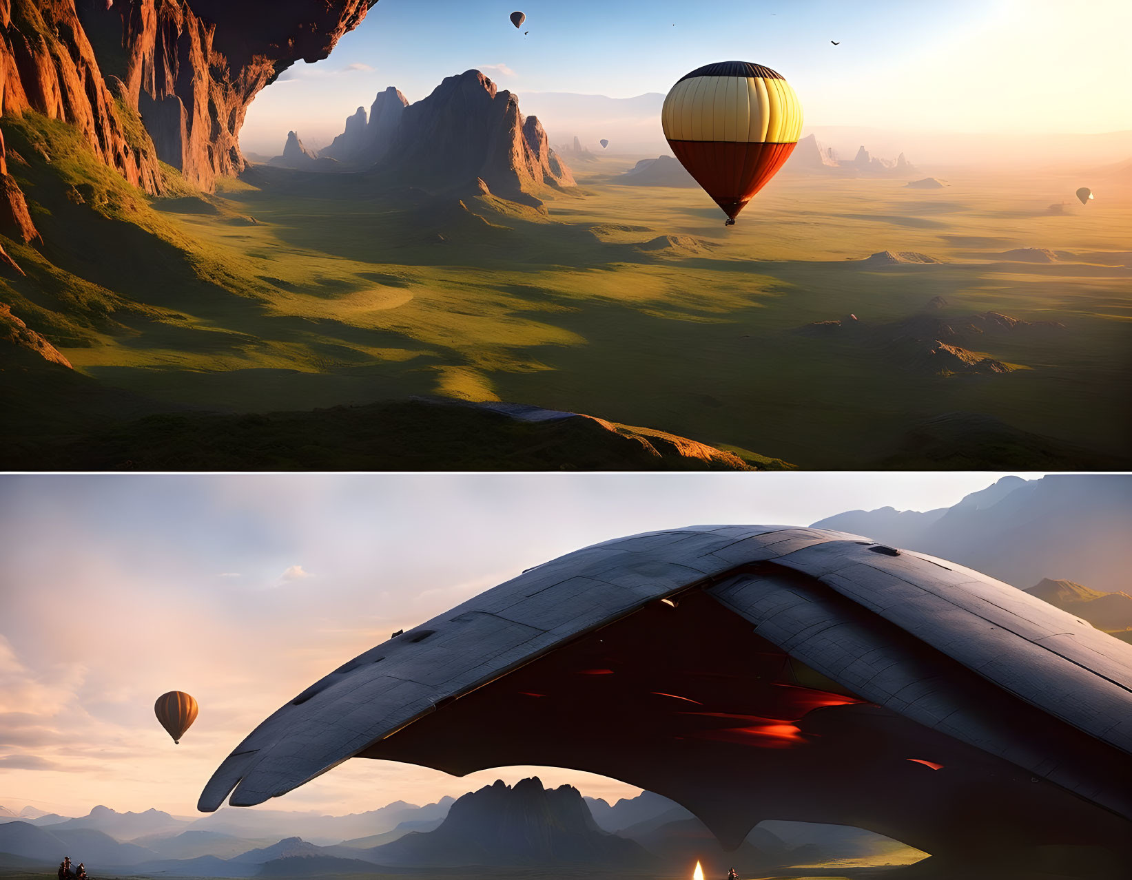 Idyllic landscape with hot air balloons, green plains, rock formations, and futuristic metallic structure