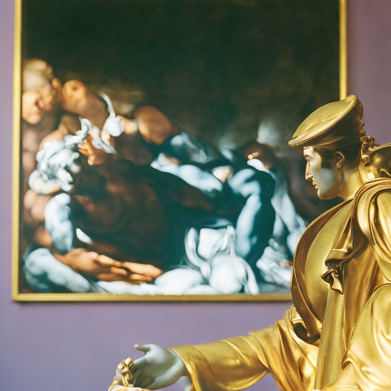 Golden statue of classical figure and baroque painting with multiple figures.