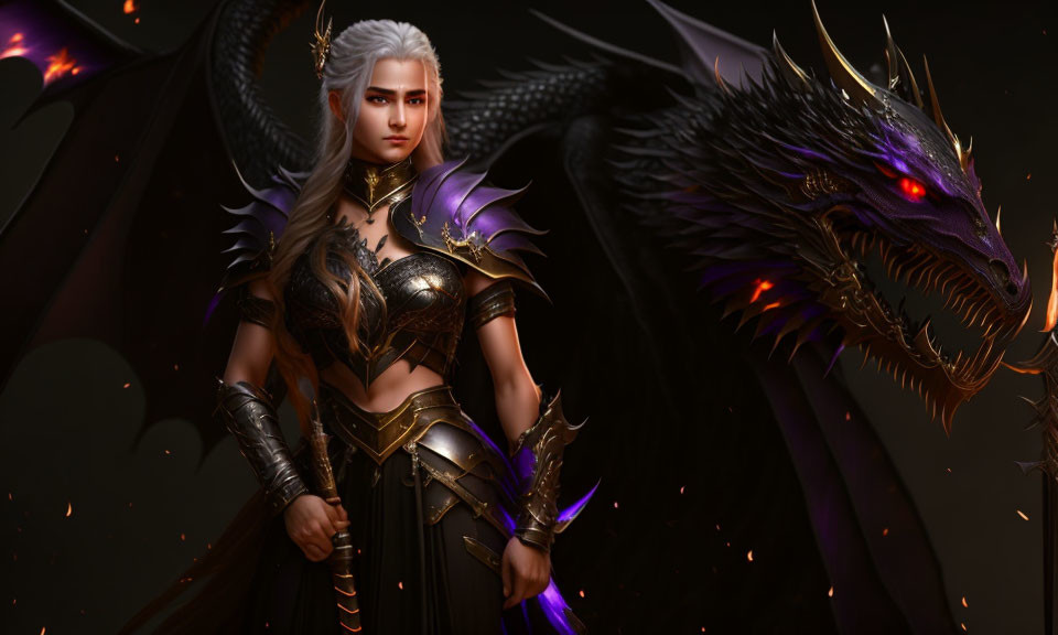 White-haired warrior and black dragon in fiery setting