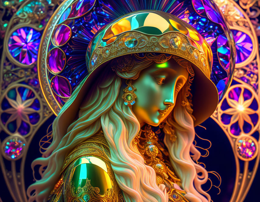 Colorful Digital Art of Woman with Golden Headgear & Stained Glass Background