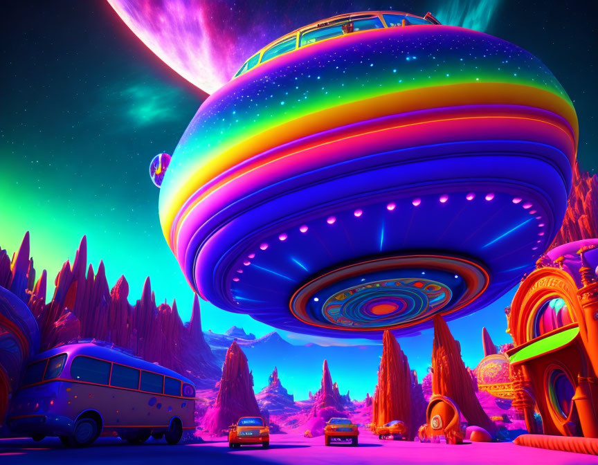 Colorful UFO in Desert Landscape with Galaxies and Retro Futuristic Elements