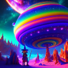 Colorful UFO in Desert Landscape with Galaxies and Retro Futuristic Elements