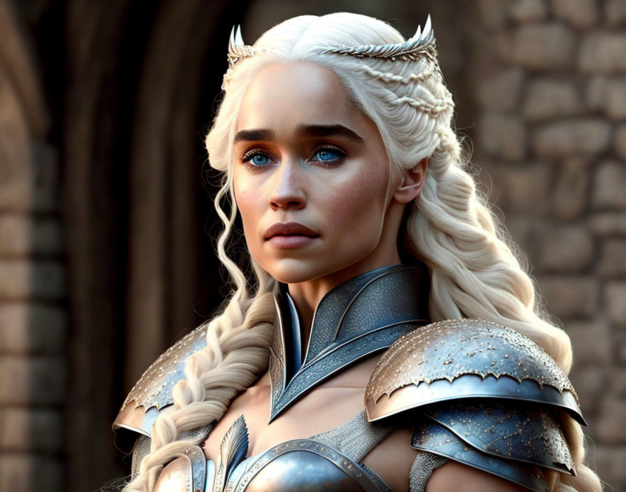 Platinum blonde woman in silver crown and armor with pale blue eyes