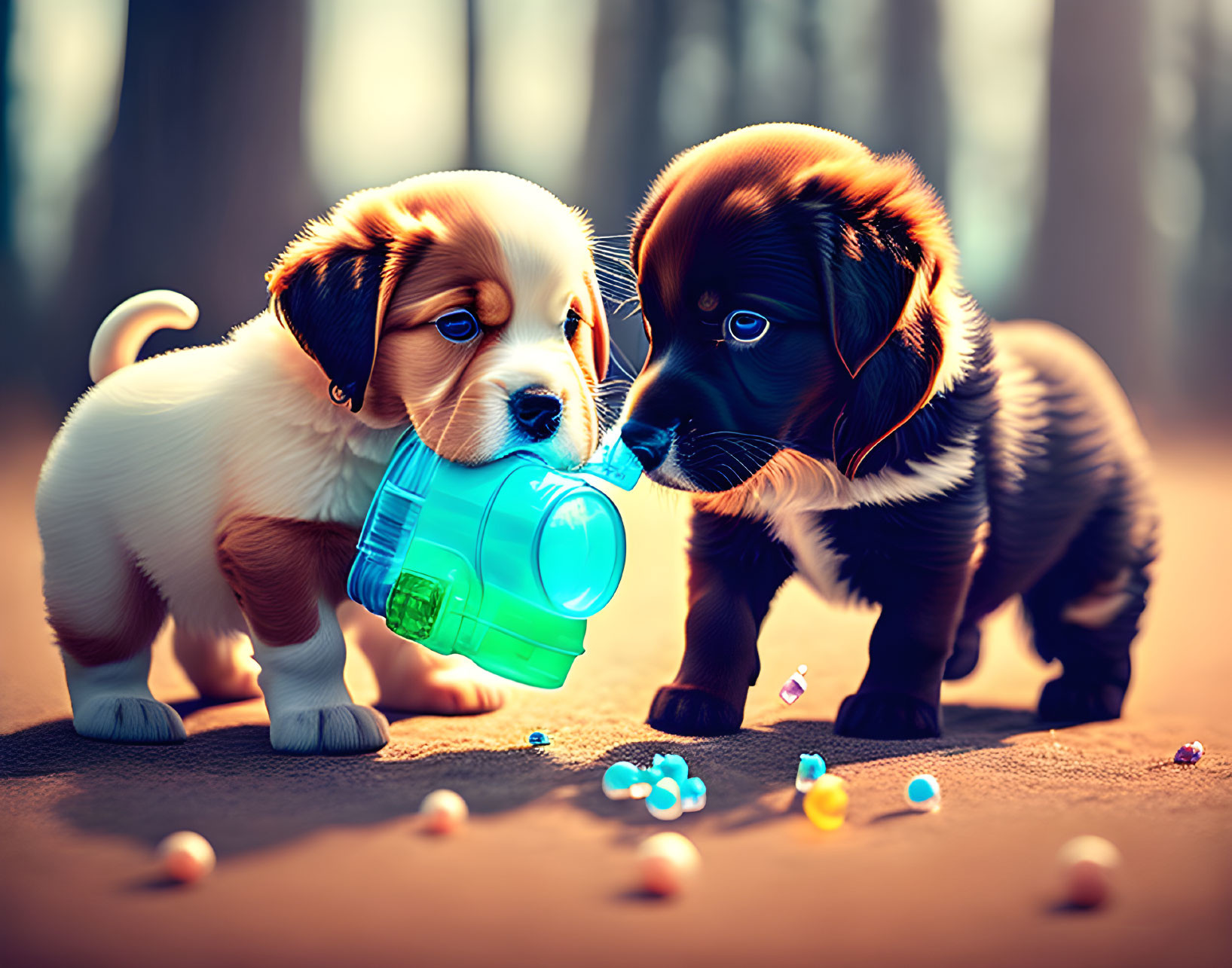 Playful puppies with blue plastic container and colorful beads.