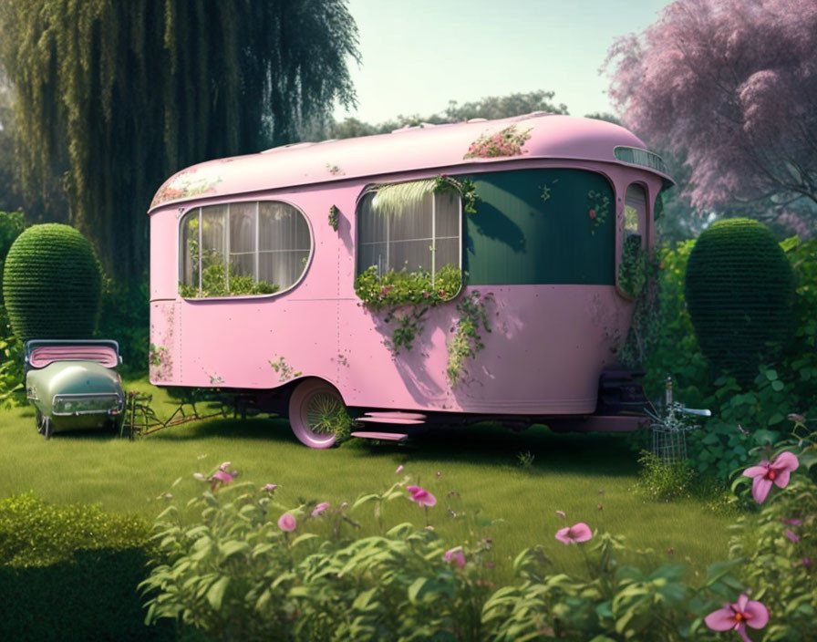 Pink vintage caravan in lush garden setting